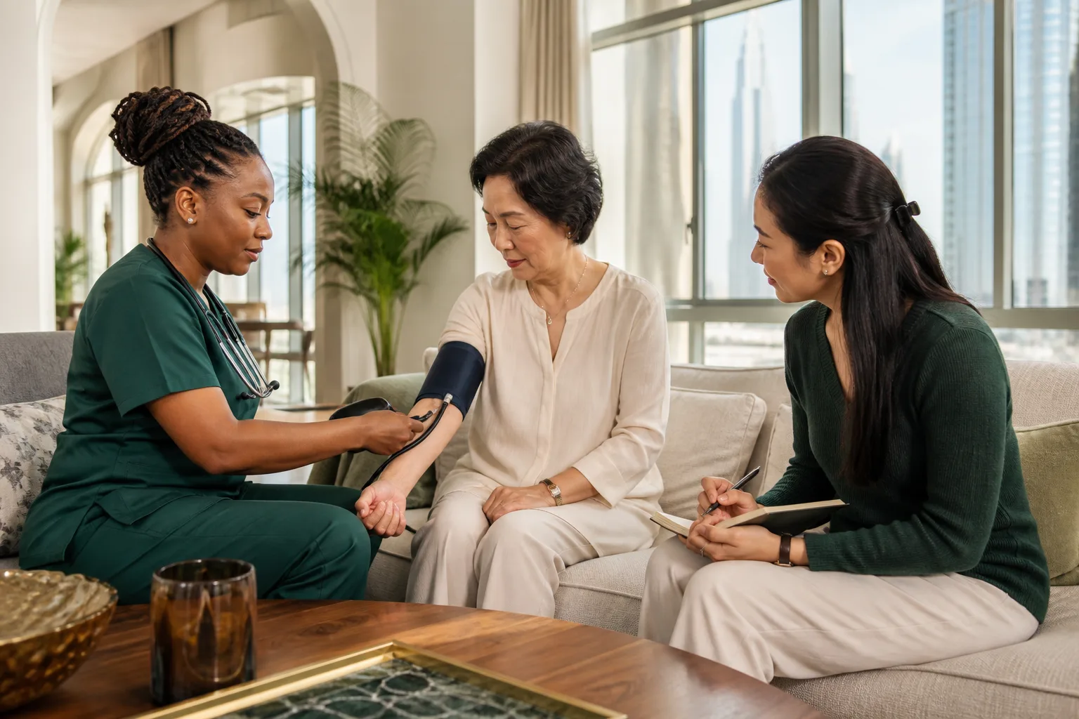 Clinician and family monitoring an older adult's ongoing health needs