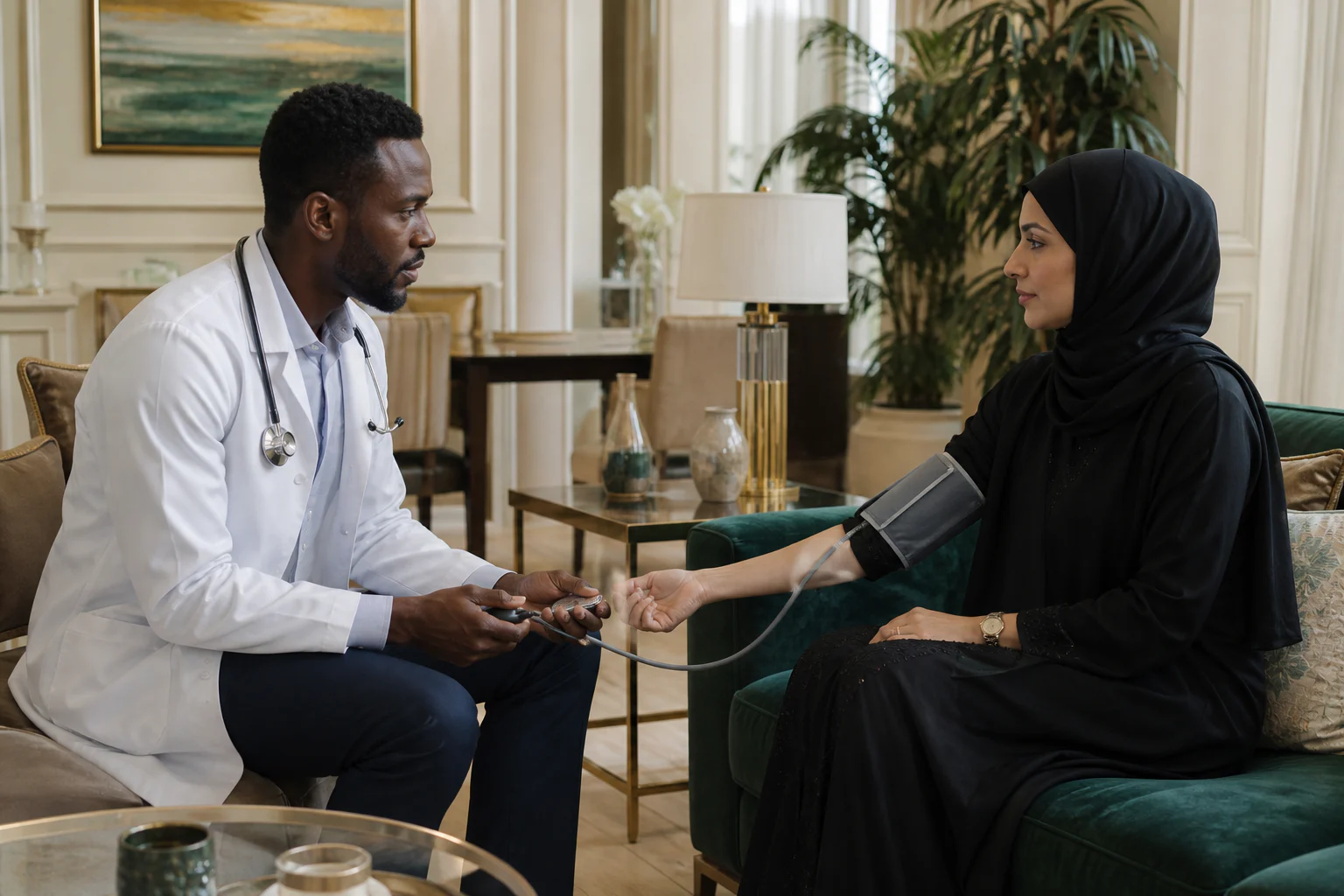 Doctor checking a patient's blood pressure at home
