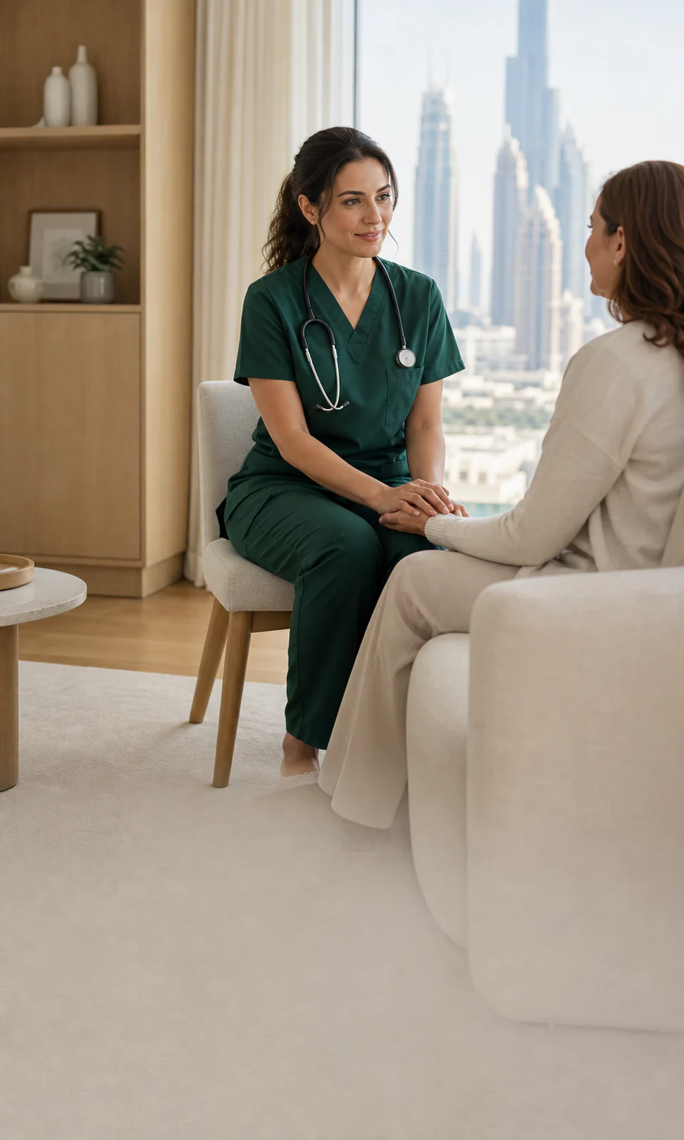 Home-visit doctor speaking with a couple in a bright Dubai residence