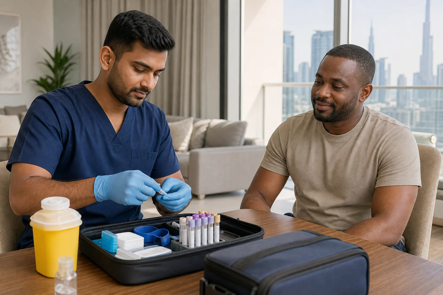 Mobile clinician preparing a home laboratory collection kit