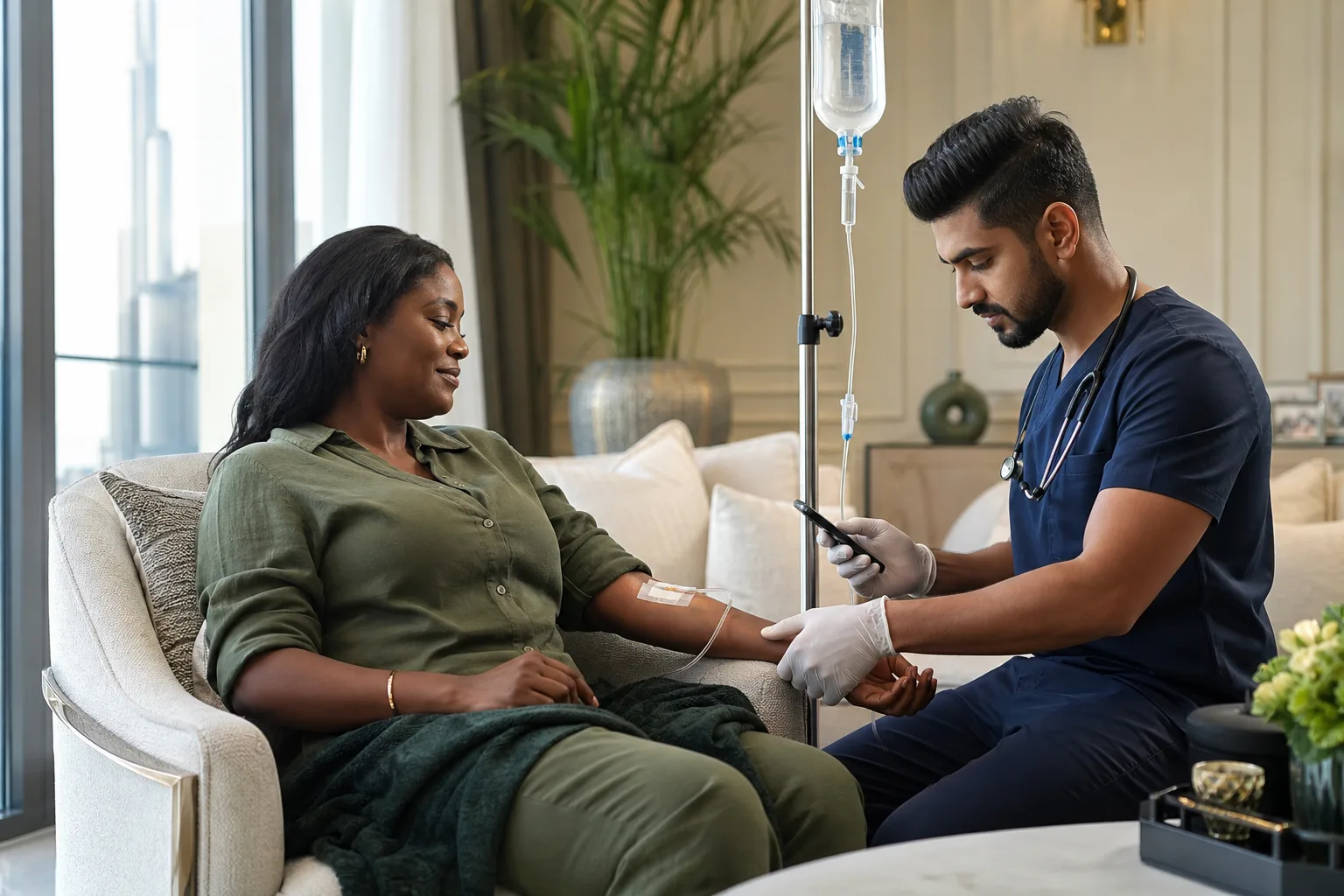 Nurse monitoring a patient during IV therapy at home