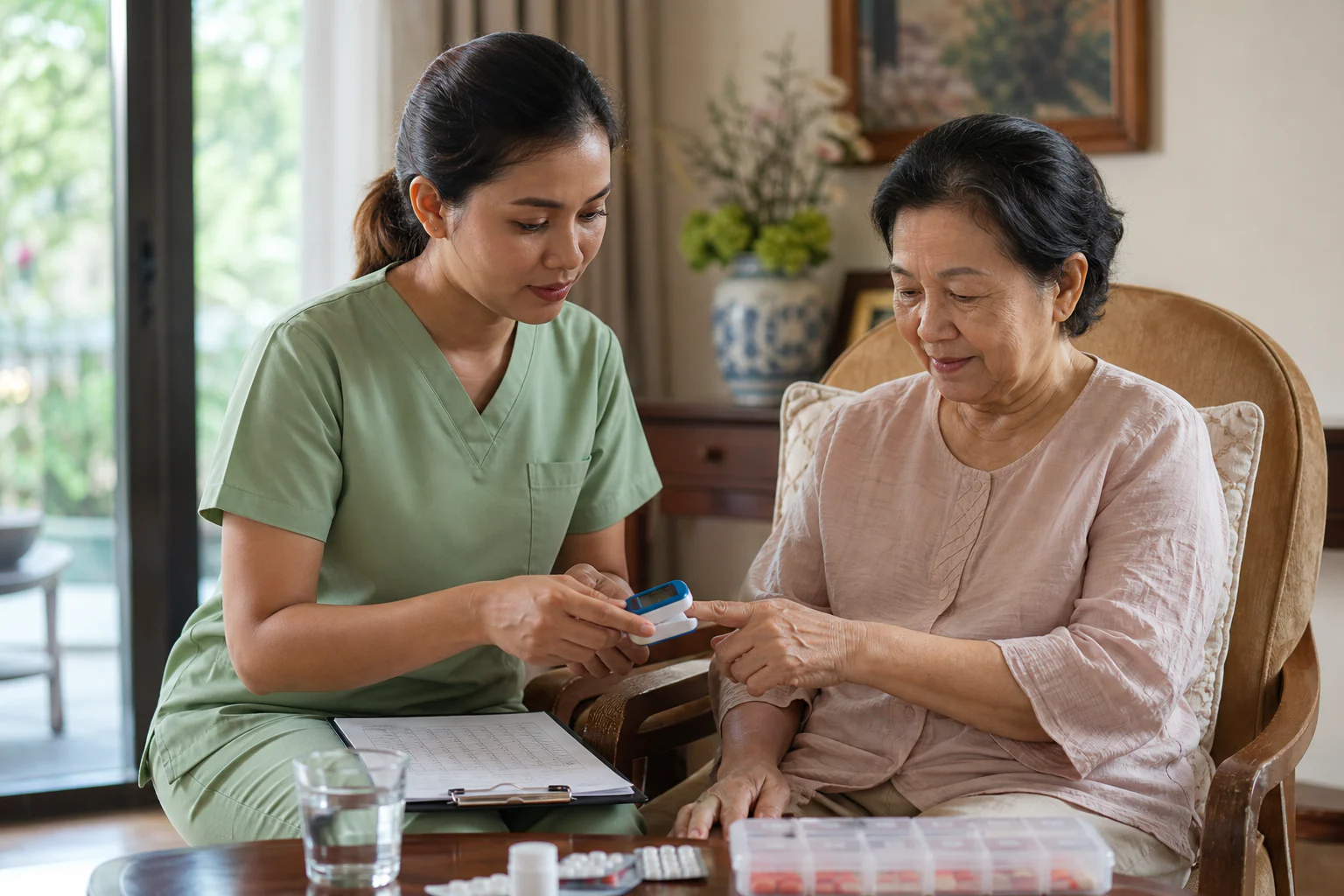 Nurse supporting an older adult with home care