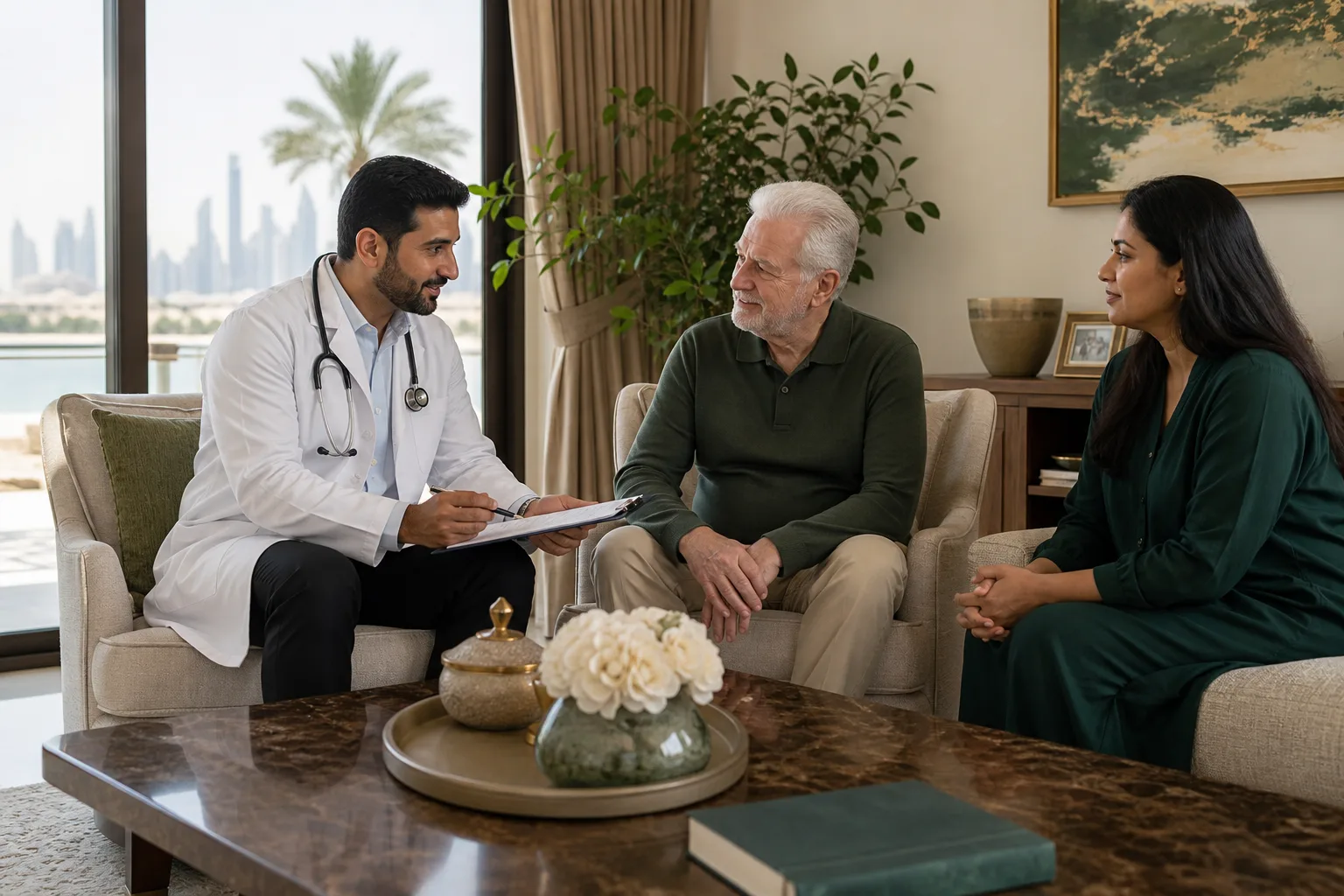 Doctor discussing a comfort-focused care plan with an older adult and family member