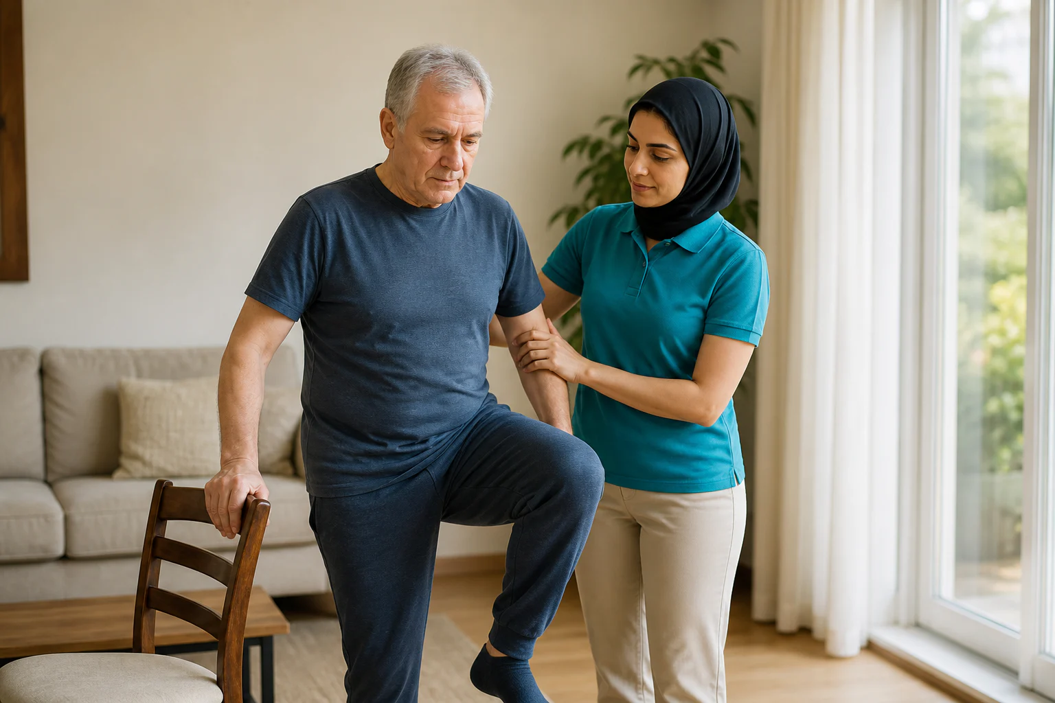 Physiotherapist assisting with a safe home mobility exercise