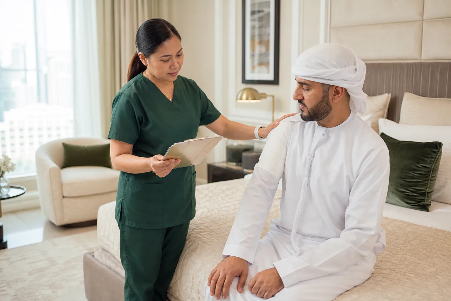 Nurse reviewing a post-operative recovery plan at home