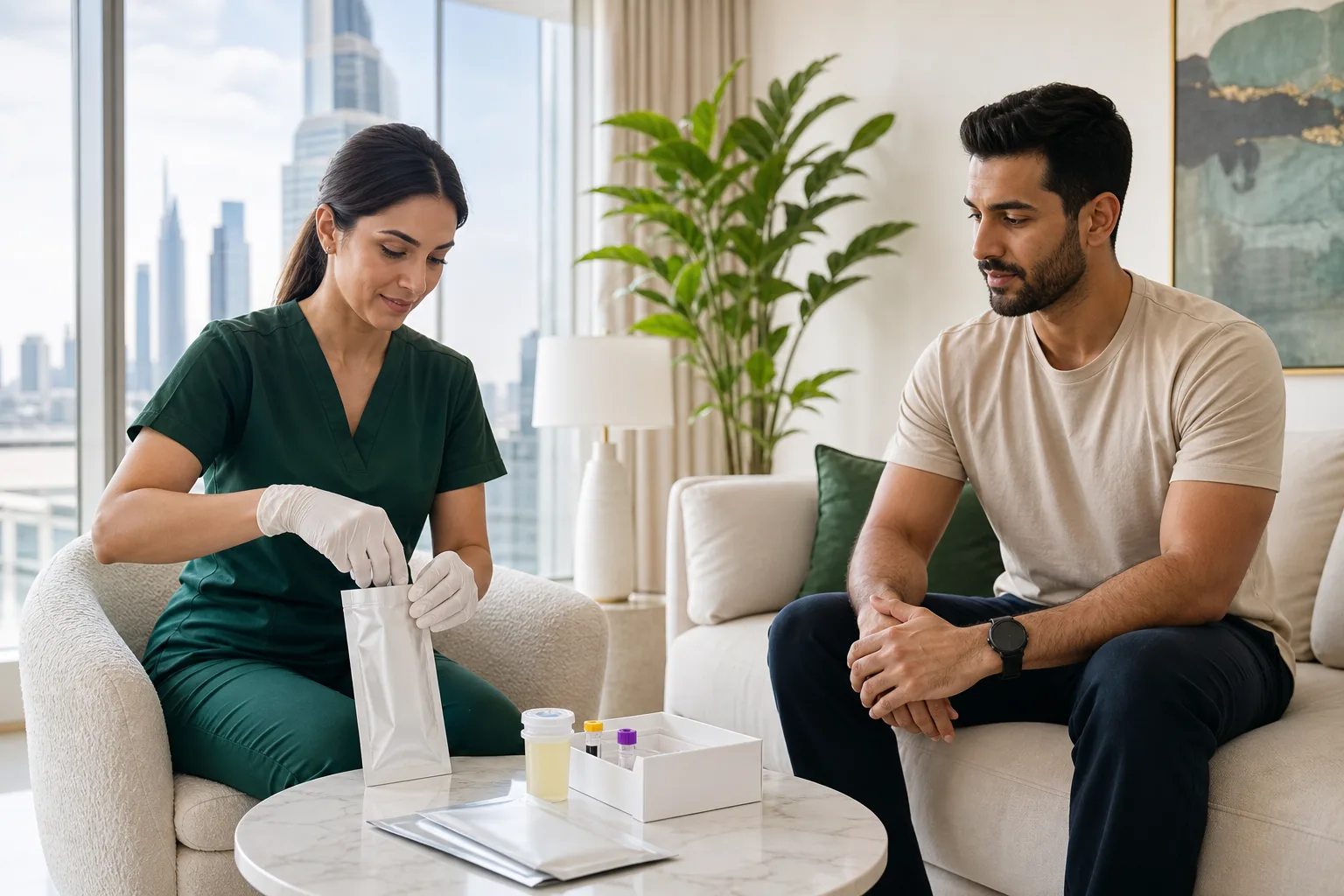 Clinician preparing a discreet at-home STD sample collection kit