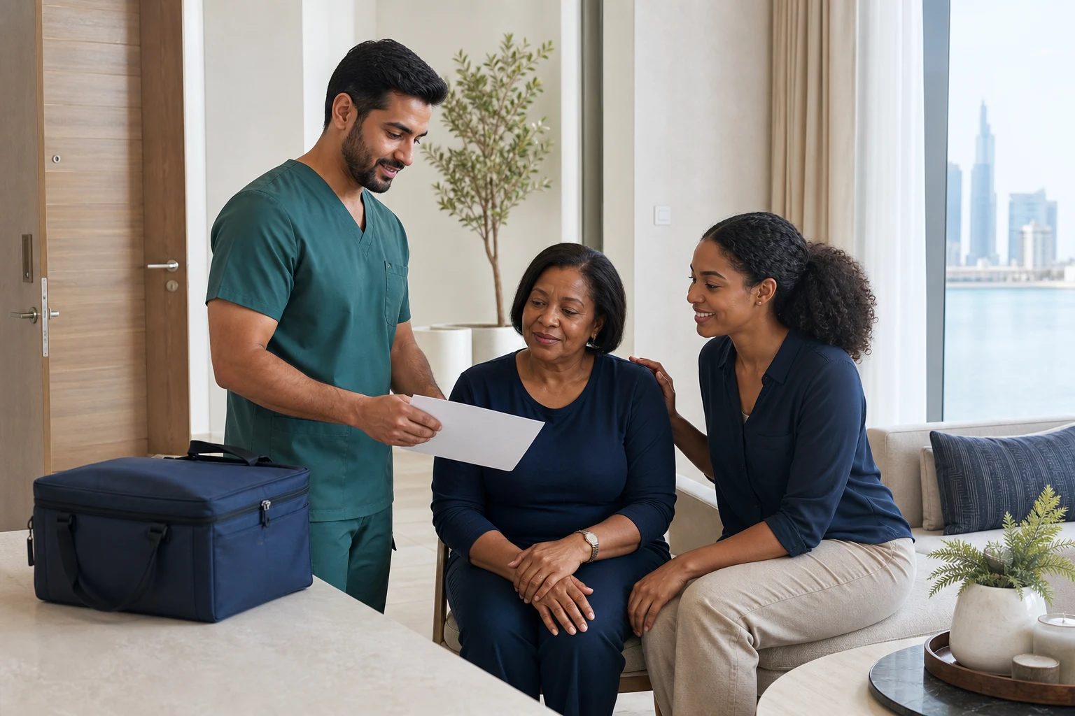 Home-visit doctor reviewing the care plan with a patient and family member